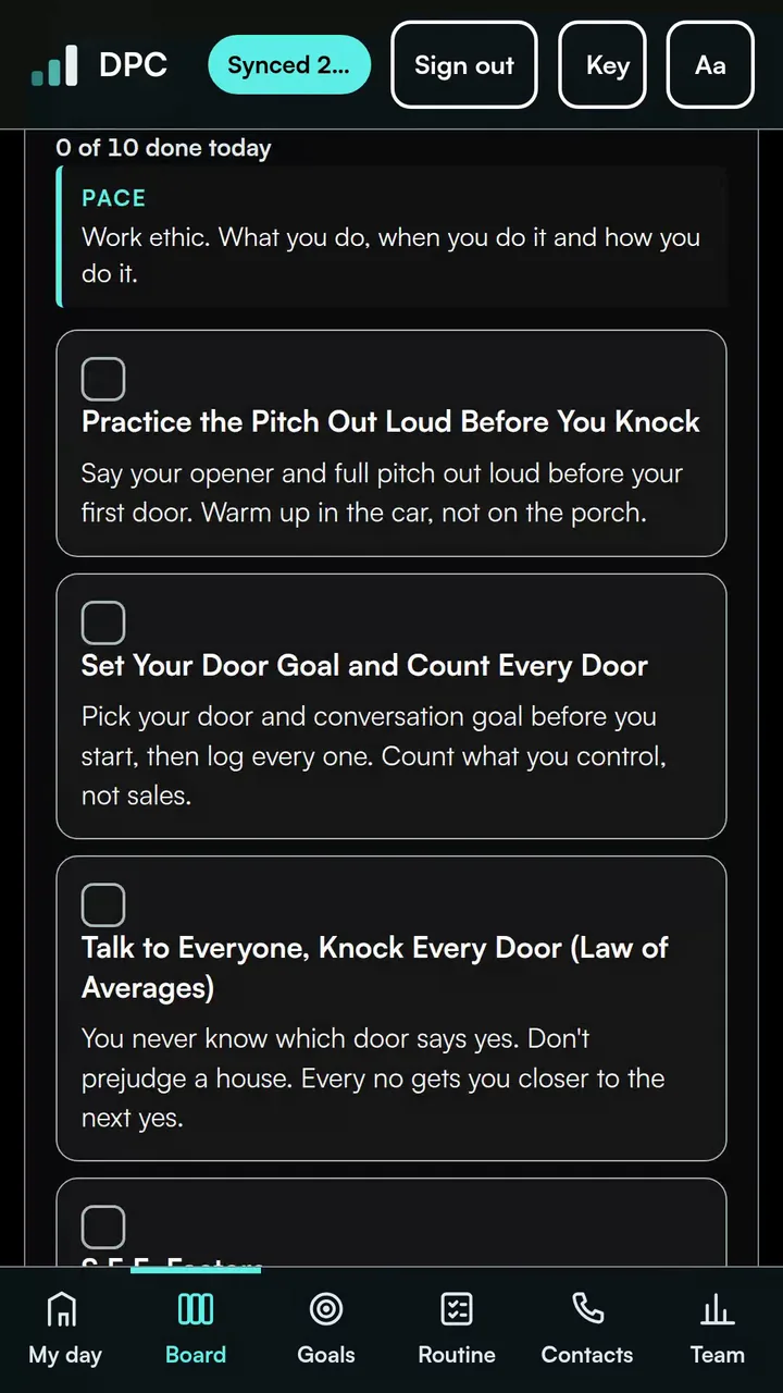 Game board list of Pace habits such as Practice the Pitch Out Loud and Set Your Door Goal