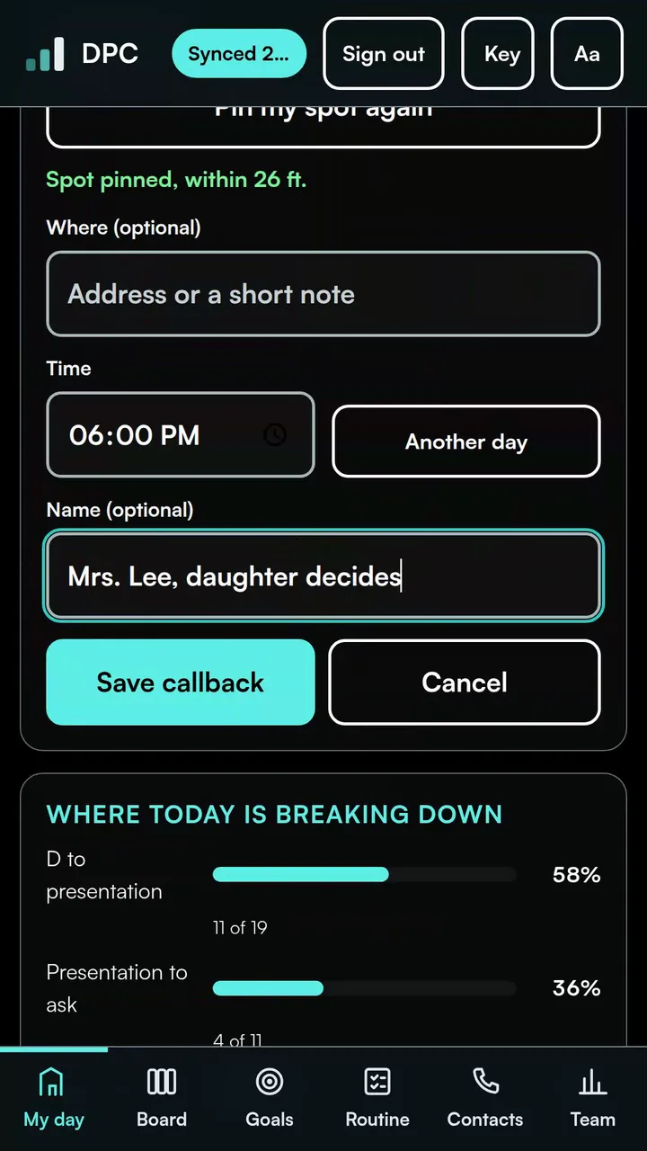 Callback form with pinned spot, 6:00 PM time and name
