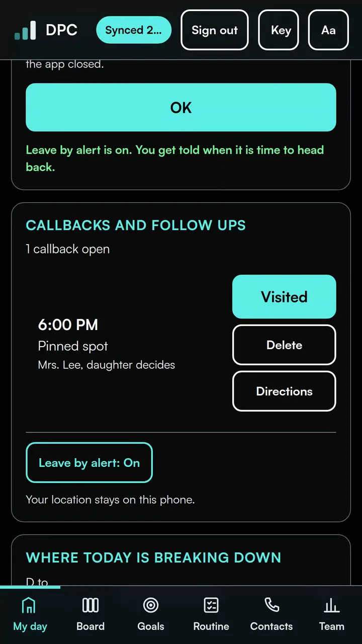 Callbacks and follow ups list with a 6:00 PM pinned spot and leave by alert on