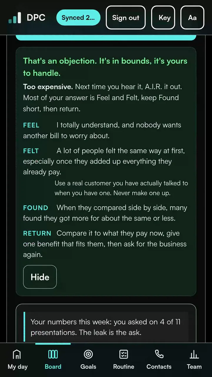 Search result: That's an objection. It's in bounds, it's yours to handle, with A.I.R. and Feel Felt Found